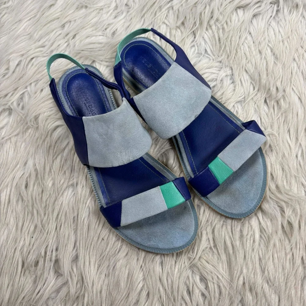 Kelsi Daggar Women's 7.5 Blue Patchwork Sling Back Sandals‎ Boho Resort Artsy